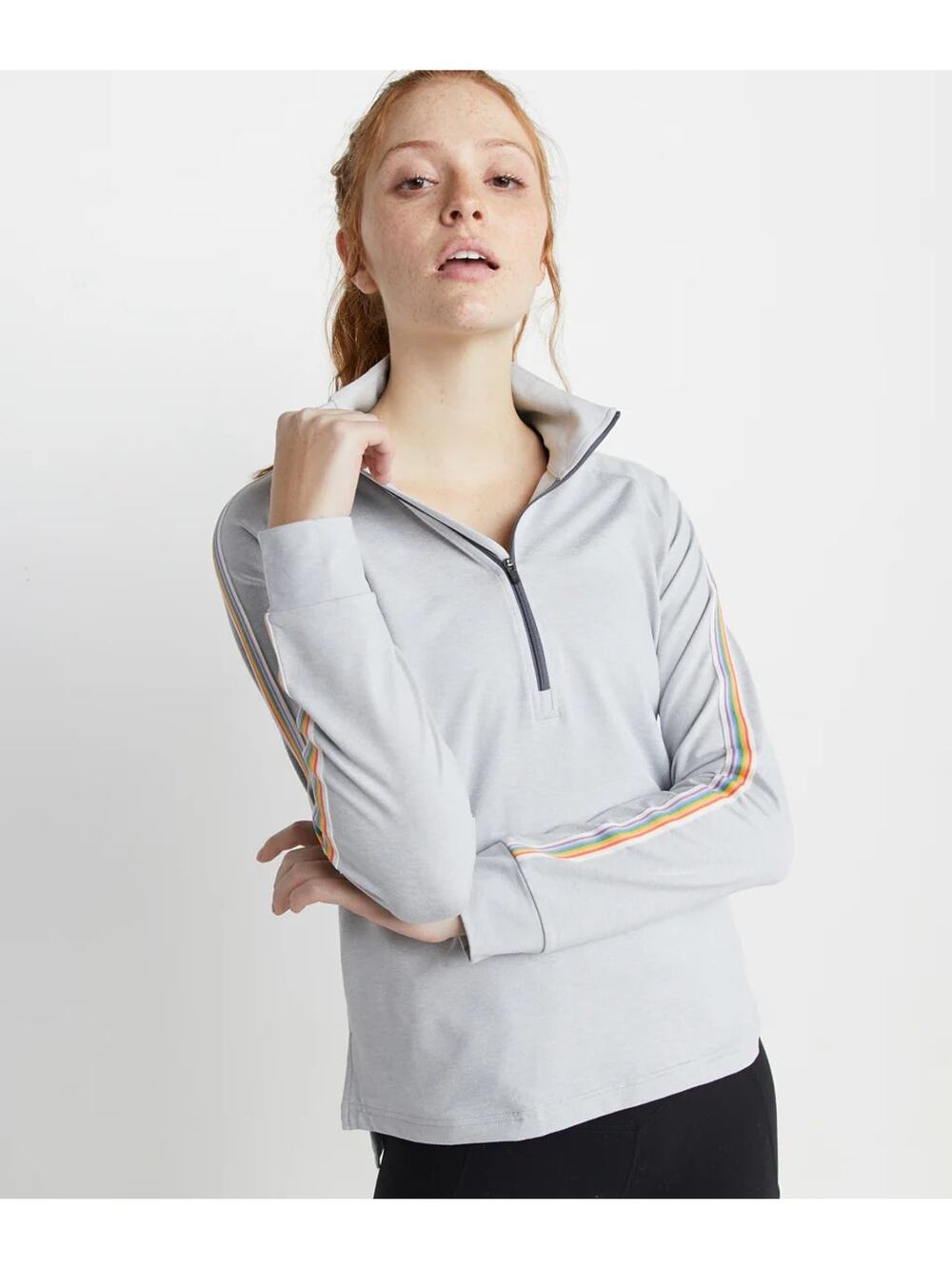 Marine Layer Kerri Quarter Zip Raglan Rainbow Stripe Trim Small Gray Wicking